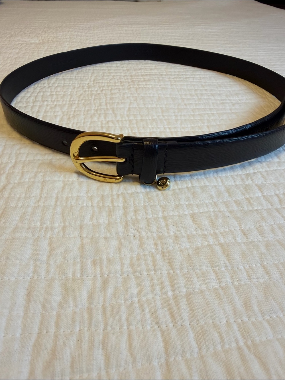 Lauren Ralph Lauren Black Leather Belt with Gold Buckle and Logo Charm